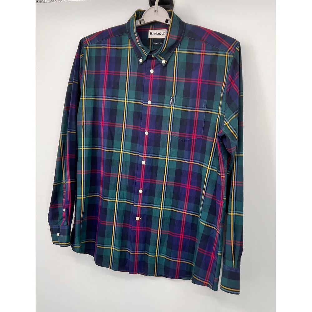 Barbour Tailored Fit Tartan‎ Plaid Button Down Shirt Green Navy Red Mens XL - Picture 4 of 8